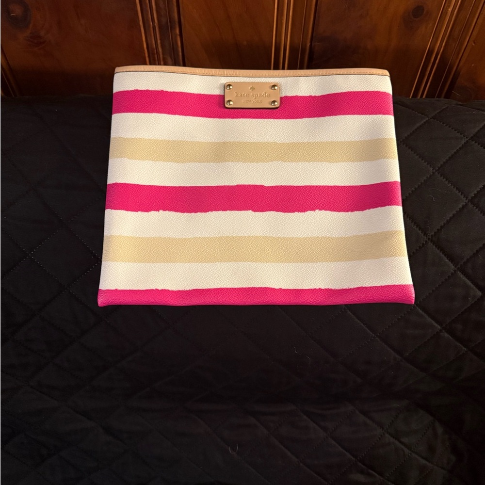 Kate Spade Adrienne Bondi Road Pink and Cream Striped Clutch Very Clean